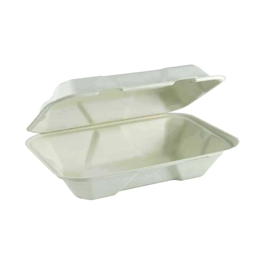 Wholesale Environmentally Biodegradable Disposable Sugarcane Fiber Hinged Lid White Clamshell Packaging Box for Food