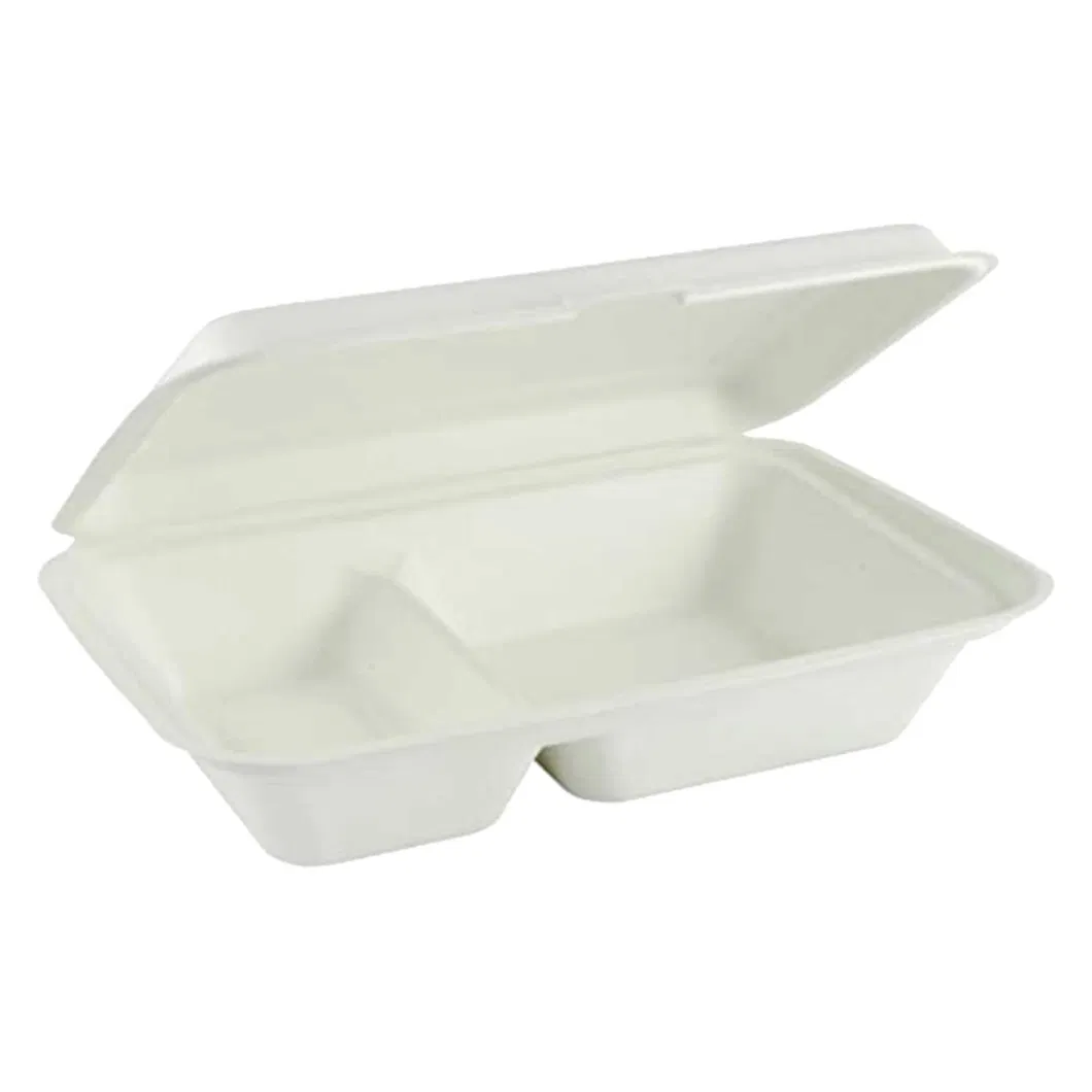 Wholesale Environmentally Biodegradable Disposable Sugarcane Fiber Hinged Lid White Clamshell Packaging Box for Food