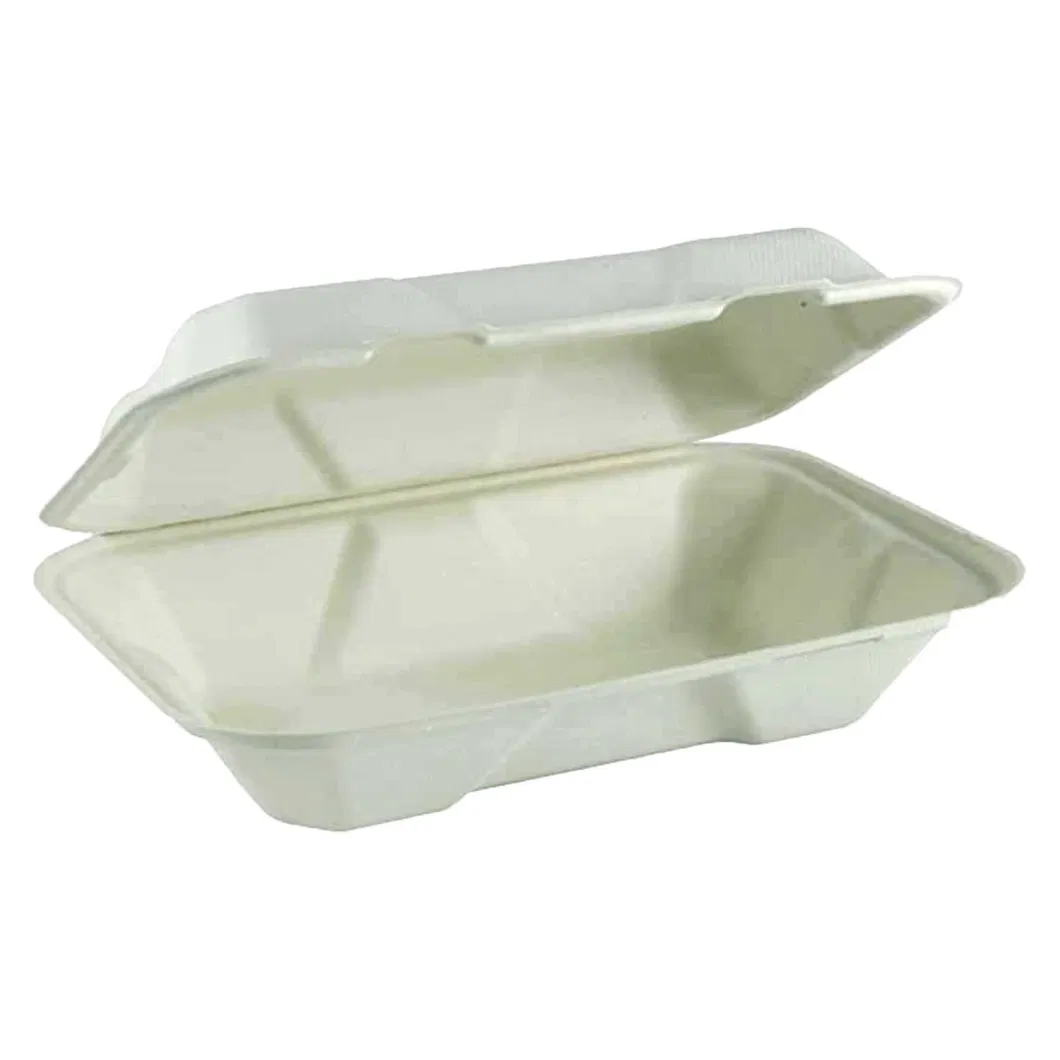 Wholesale Environmentally Biodegradable Disposable Sugarcane Fiber Hinged Lid White Clamshell Packaging Box for Food